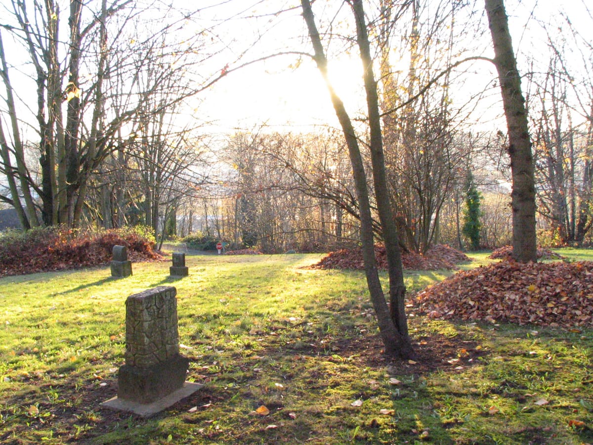 Tombstones and raked leaves in a sparsley occupied cemetery.