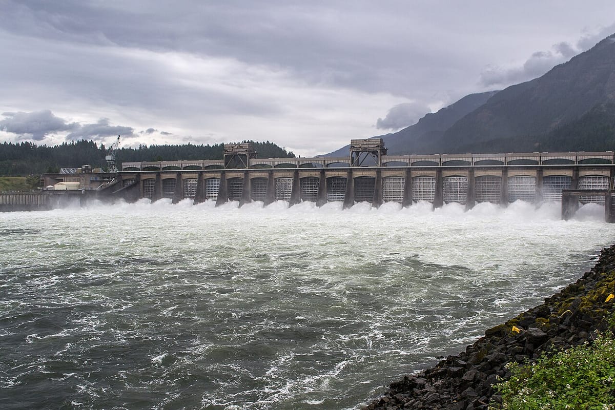 White water pours from a dozen spillways on a dam across the Columbia River.