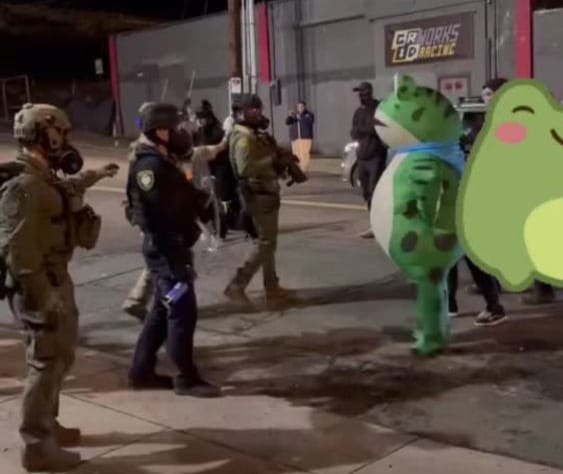 Federal agents in tactical military gear and gas masks face down a person in a large frog costume.