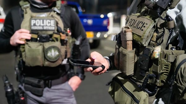 Two federal immigration police officers stand in tactical gear, with faces cropped from the photo, as one checks a phone.